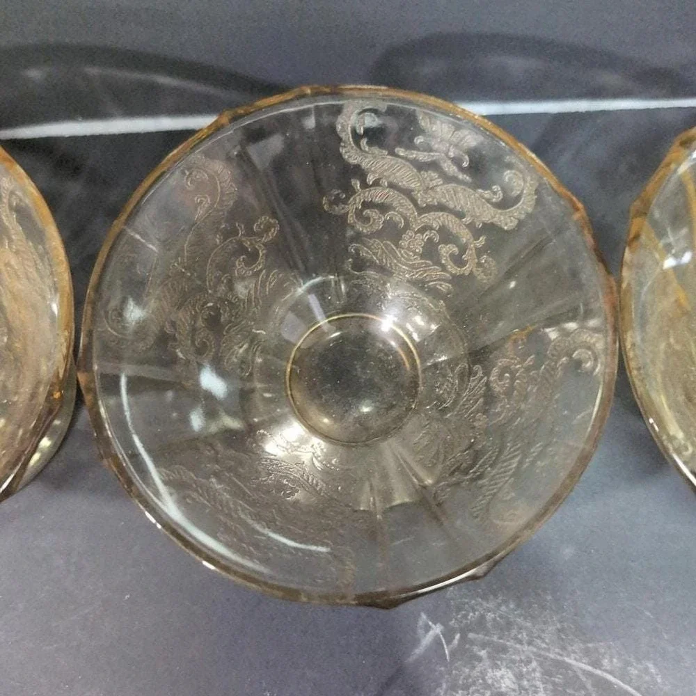 Federal‎ Glass Madrid Amber Sherbet Glasses, Set of 4, Vintage Etched Glassware